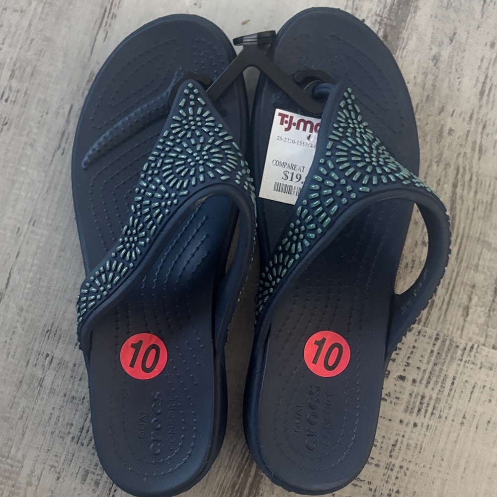 CROCS Navy Jeweled Wedge Flip Flops - Picture 2 of 5